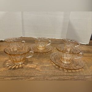Vintage Pink Hibiscus Depression Glass (5) Tea Cups And (3) Saucers Set